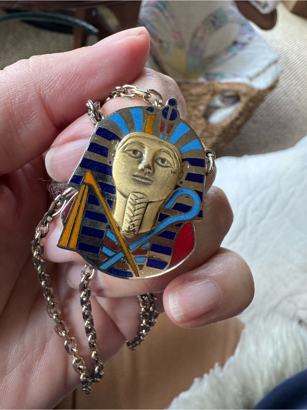 Egyptian Pharaoh Enamel Pendant Necklace - Blue, Gold, Red